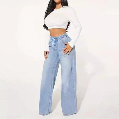 25 Edition – High Waist Drawstring Wide Leg Jeans – Light Blue by JeansDenim.Store