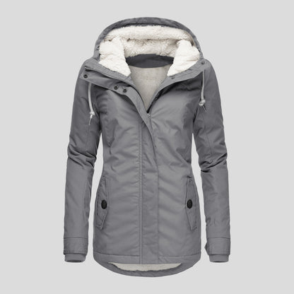 Winter Hooded Jacket Solid Color Warm Buckle Zip-up Fleece Jacket With Pockets Women's Casual Jacket