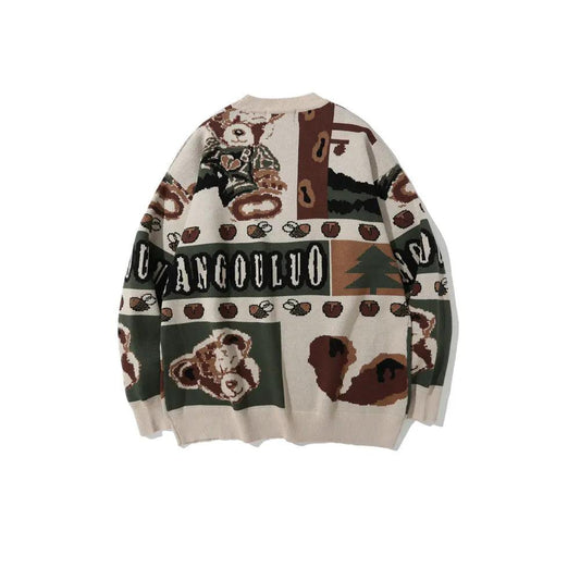 Men's retro color-block jacquard knit sweater, beige patchwork with brown and green accents, cotton, by eprolo
