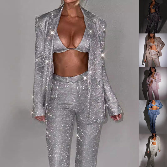 Ensemble de 3 pièces brillantes à manches longues avec soutien-gorge, blazer à revers et pantalon droit, veste de soirée tendance pour femme