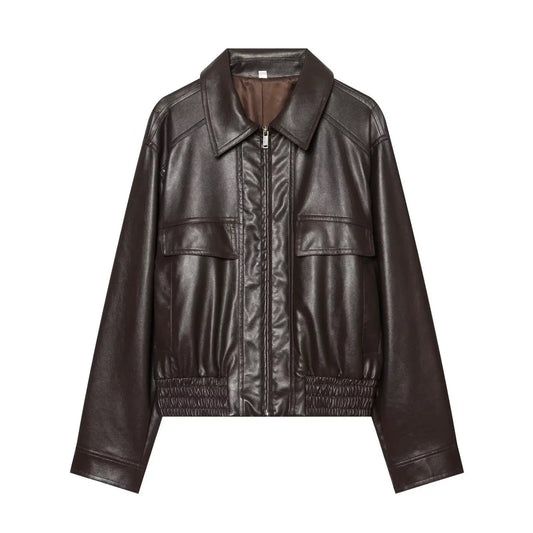 Women's dark brown faux leather jacket with front zipper, corridor-style silhouette, by eprolo