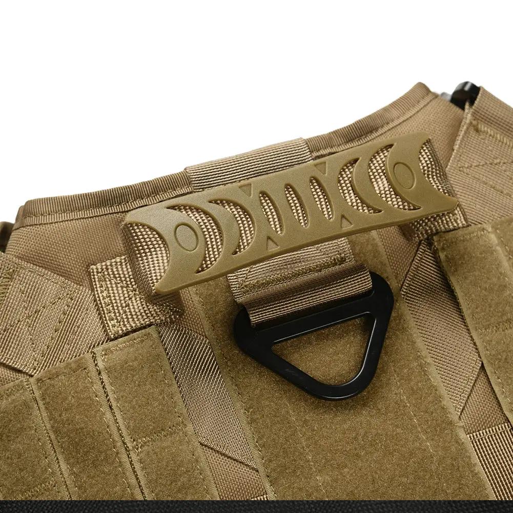 Military tactical dog harness in tan with adjustable straps and a black D-ring