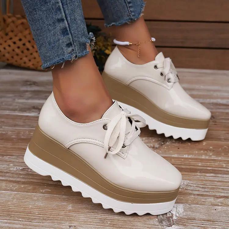 Womens lace-up square-toe patent leather platform wedge shoes, white with beige chunky sole (pair)