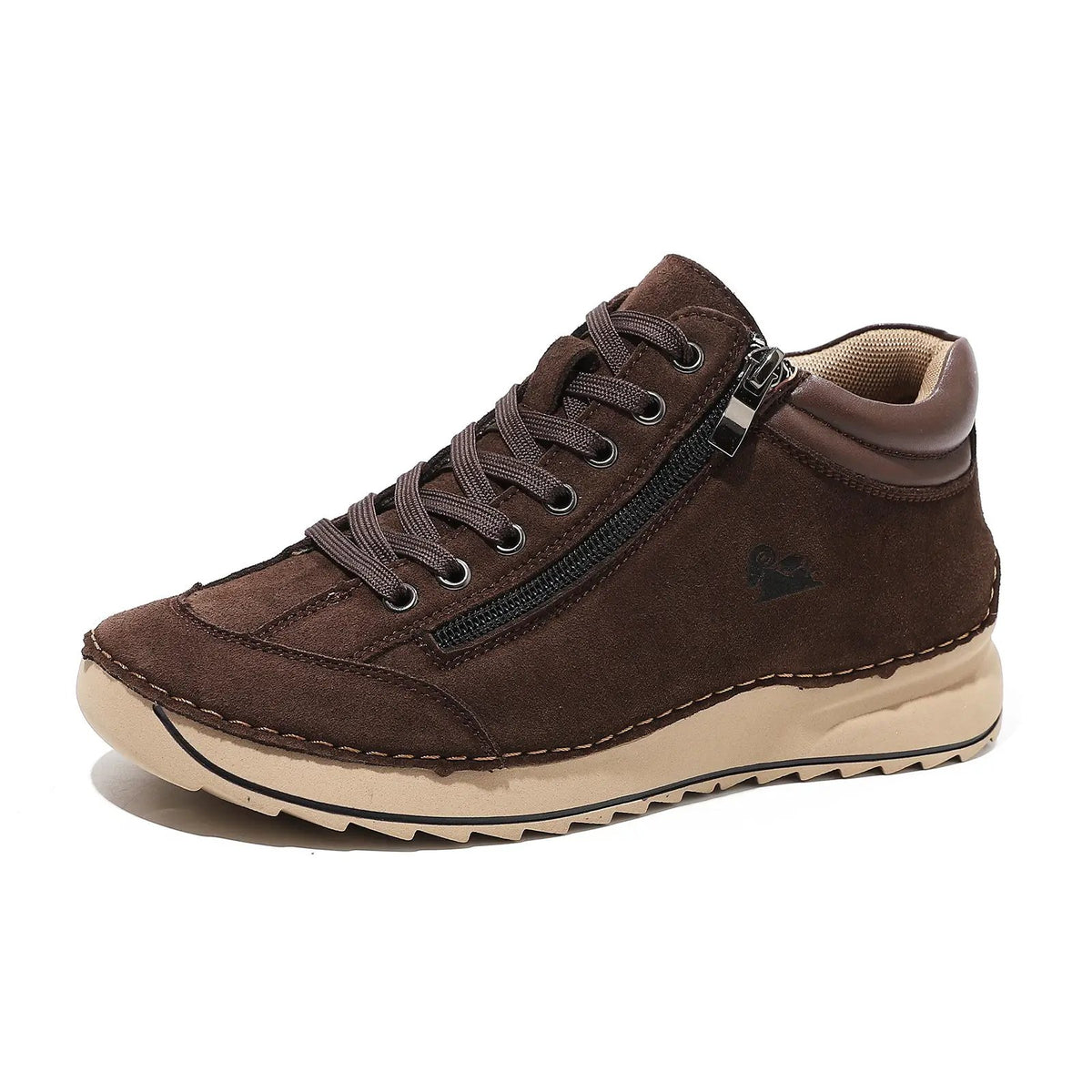 Flat dress shoes for women, brown suede with lace-up front and side zipper, AdTec
