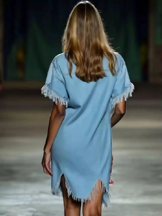 Fringed short-sleeve denim shirt dress in blue with pockets, plus size