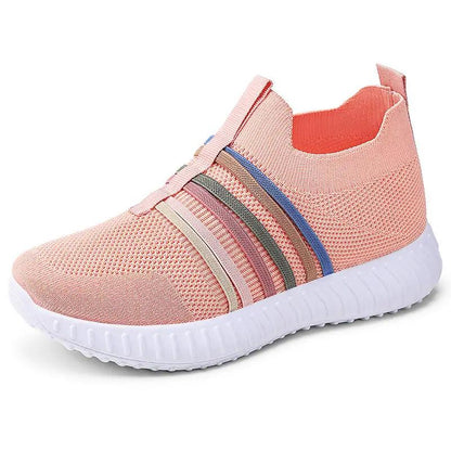 Women's breathable mesh sneakers, pink upper with multicolor stripe accents and white sole