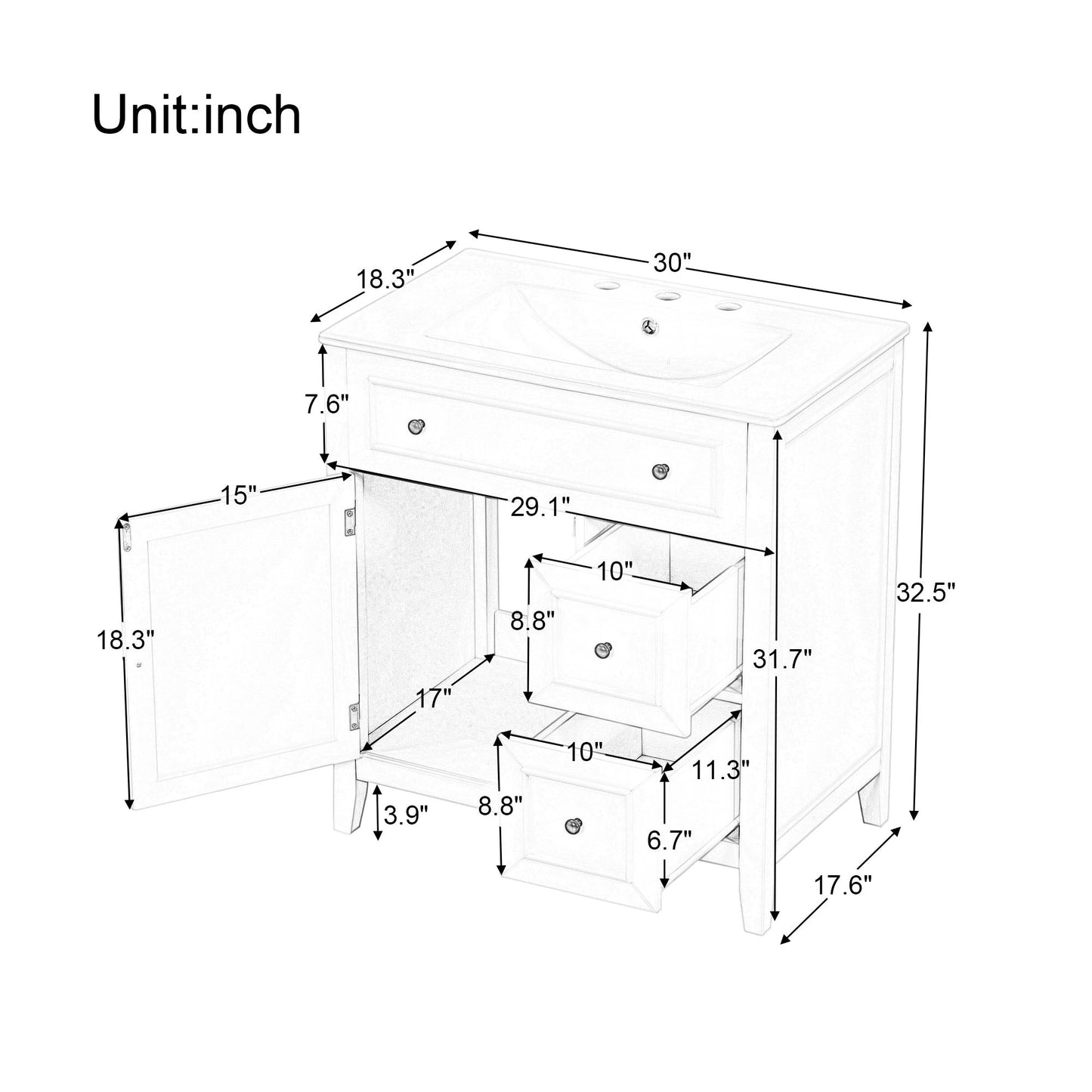 30" Bathroom Vanity with Sink Top, Bathroom Vanity Cabinet with Door and Two Drawers, Solid Wood Frame, One Package, White by eprolo