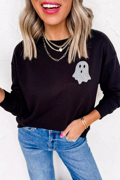Round-neck black long-sleeve T-shirt with glitter ghost print, regular fit.