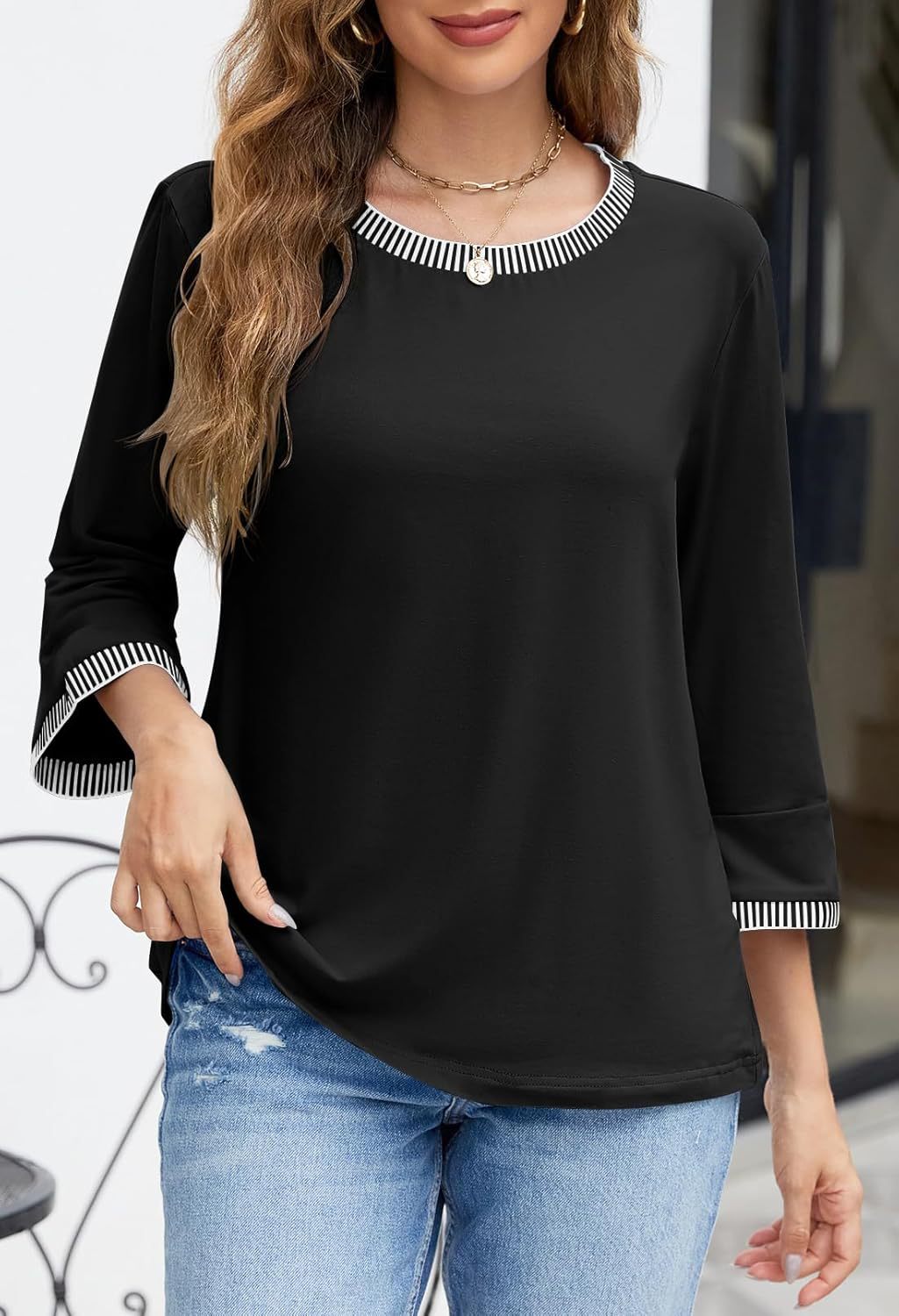 Haut Femme Col Rond Couleur Unie Avec Fil Contrastant