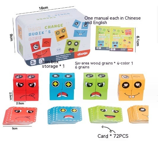 Jouet en Bois Expressions Cubes Magiques en Bois Blocs de Construction Motif Visage Jouets Éducatifs Montessori Puzzles Blocs à Assortir en Bois