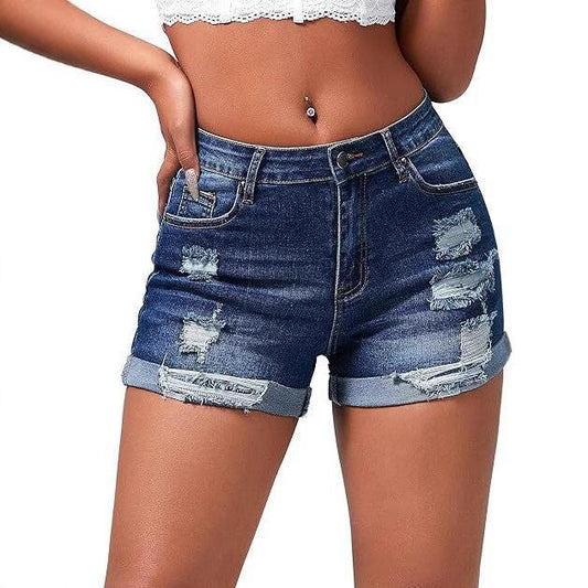 Shorts femme taille haute à ourlet roulé et trou élastique Streetwear Spicy Girl en jean
