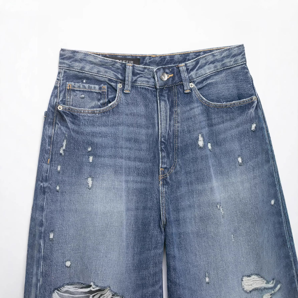 Denim shorts with broken-hole distress, mid-waist navy blue by eprolo