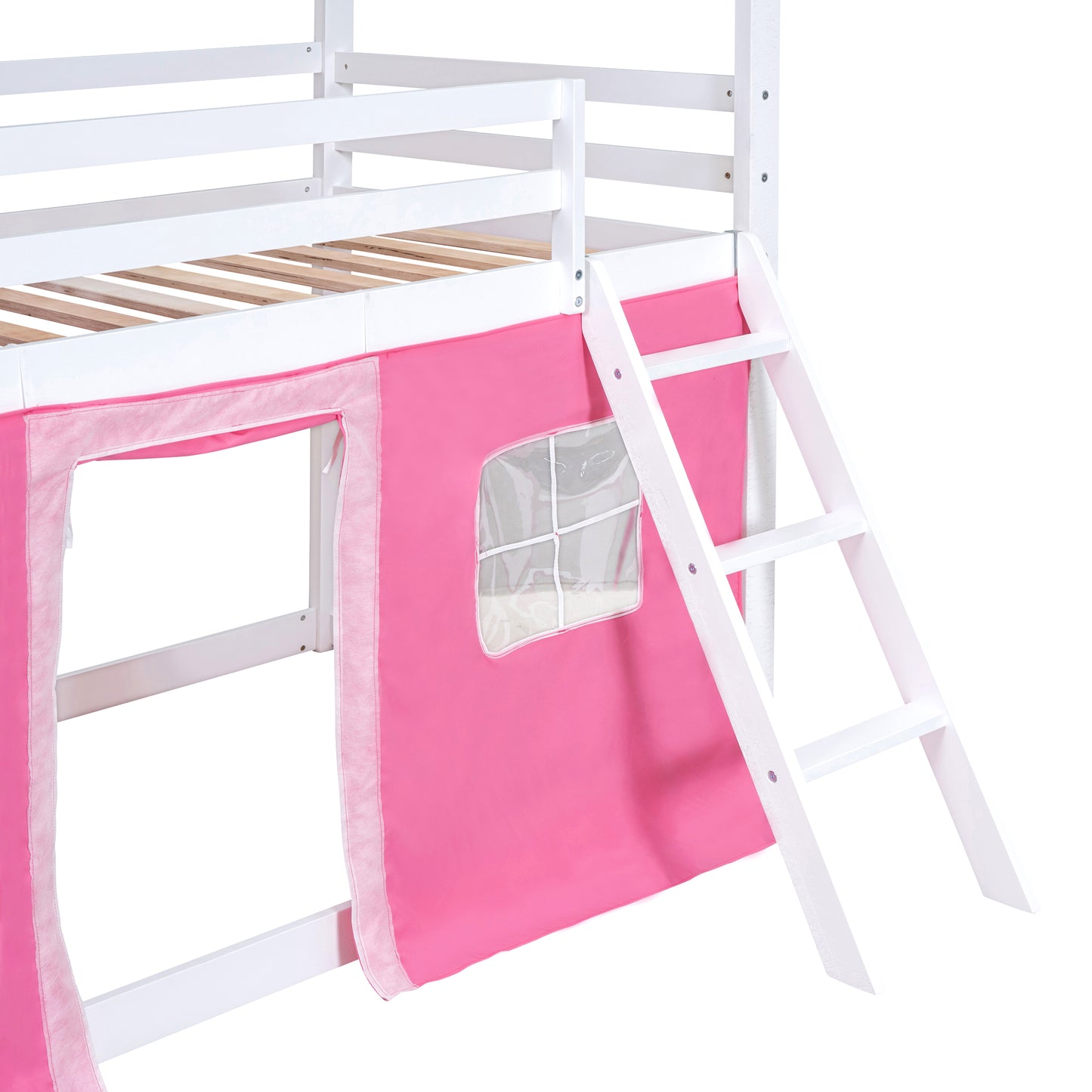 Cama de literas de madera individual con elegantes ventanas, alféizares y tienda de campaña, rosa + blanco