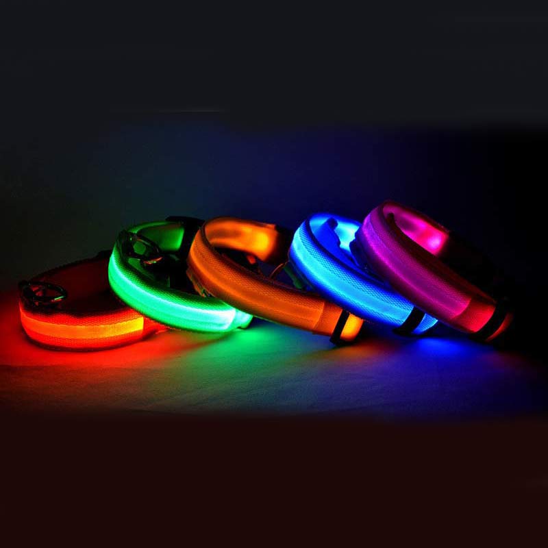 Collar luminoso de nailon con LED para mascotas, de seguridad nocturna, intermitente, que brilla en la oscuridad, correa ajustable para perros y gatos, suministros para mascotas