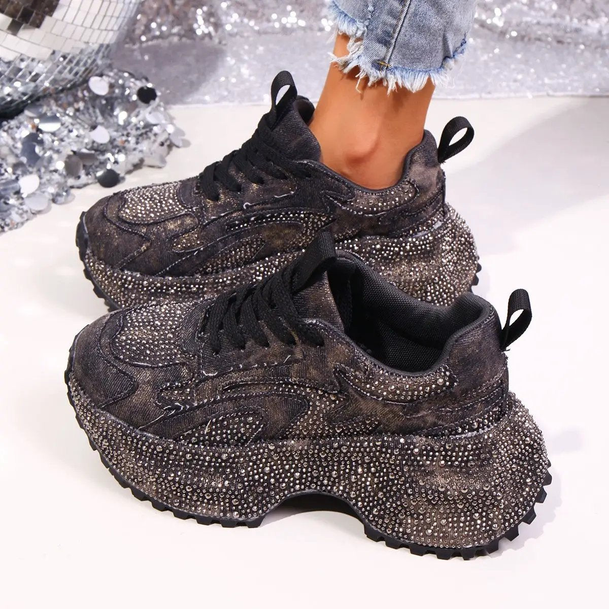 Shoes: women's black height-increasing chunky-sole sneakers with rhinestone embellishments