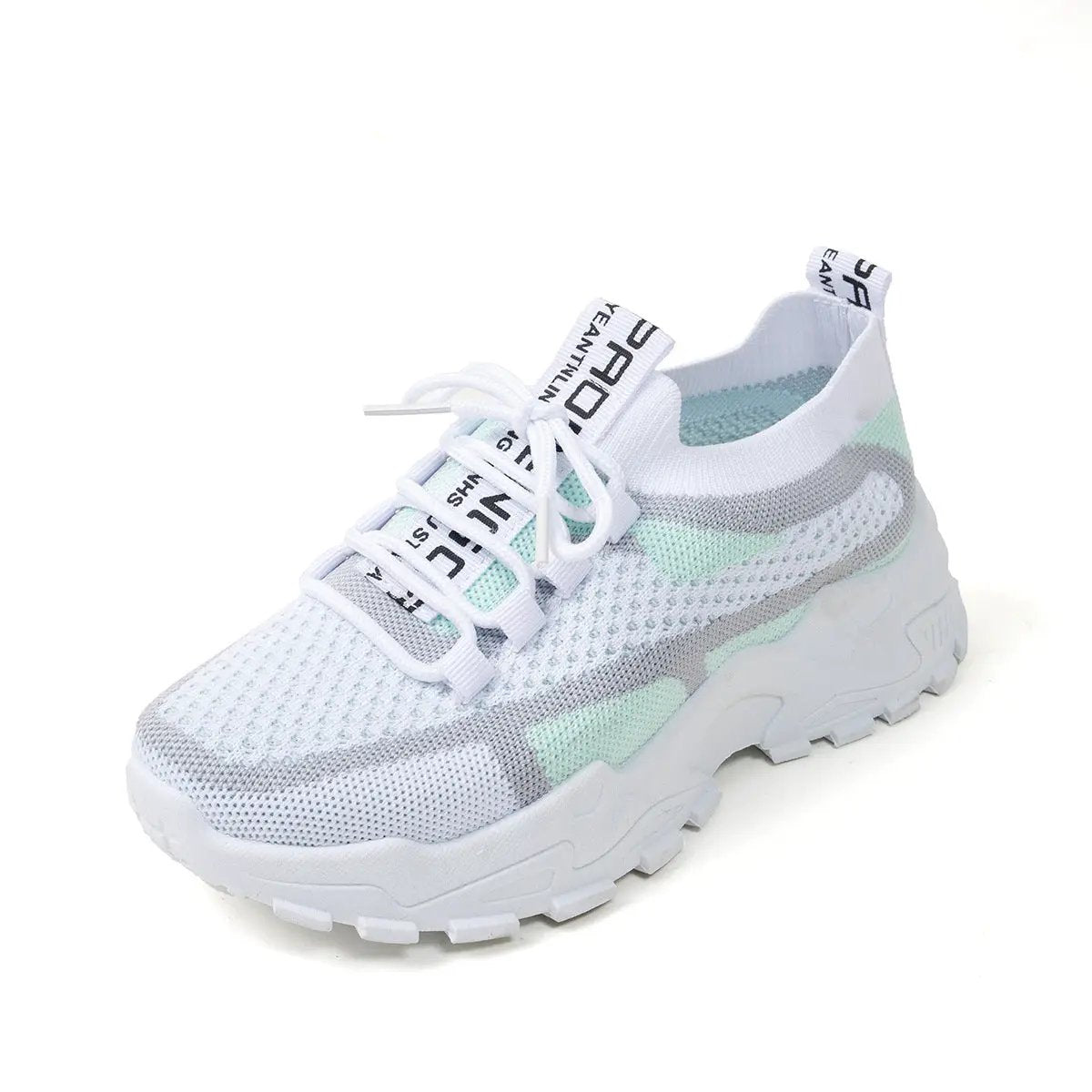 Flyknit mesh women's sneakers by AdTec, breathable lace-up design in white with gray mint accents and chunky sole