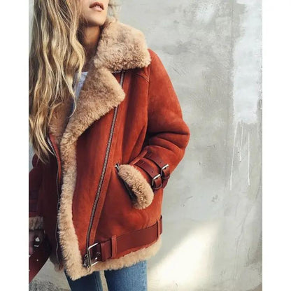 Suede leather jacket with lamb wool trim, brown shearling coat with belt details