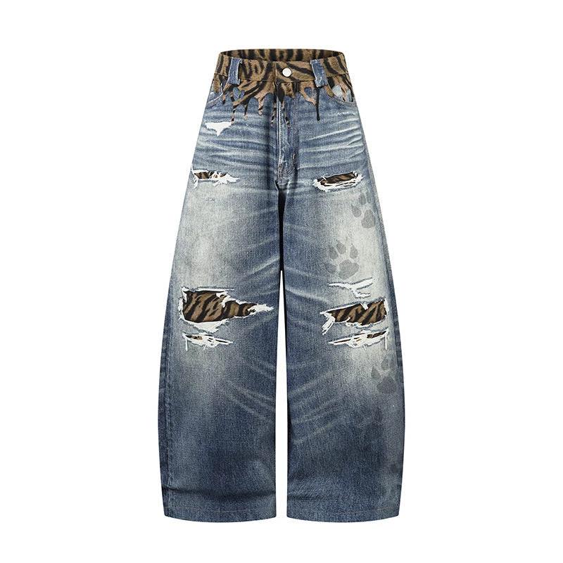 Unique Design Scratched Ripped Pleated Casual Loose Wide Leg Dagger Jeans by eprolo