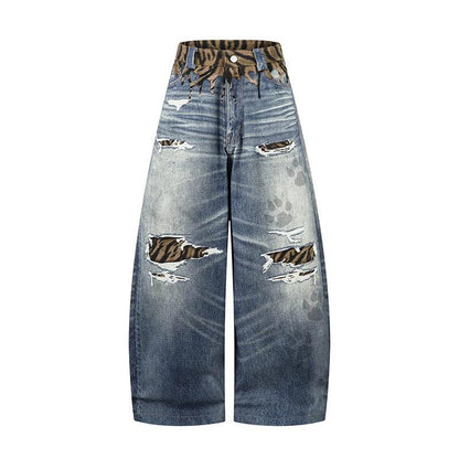 Unique Design Scratched Ripped Pleated Casual Loose Wide Leg Dagger Jeans by eprolo