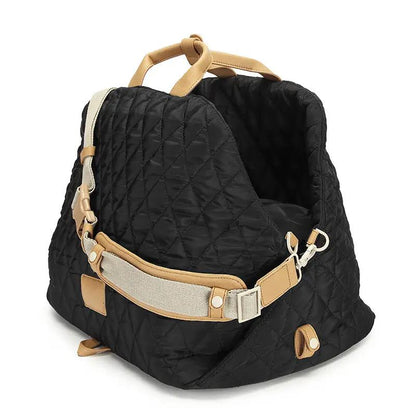 AdTec pet handbag cat carrier, black quilted fabric with tan faux leather trim and beige strap