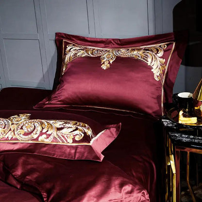 Quilt cover set: embroidered burgundy Chinese cotton with gold embroidery and matching pillowcases