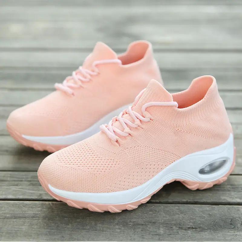 Sports Women Flying Knit Socks Shaking Shoes pink knit sneakers with white sole