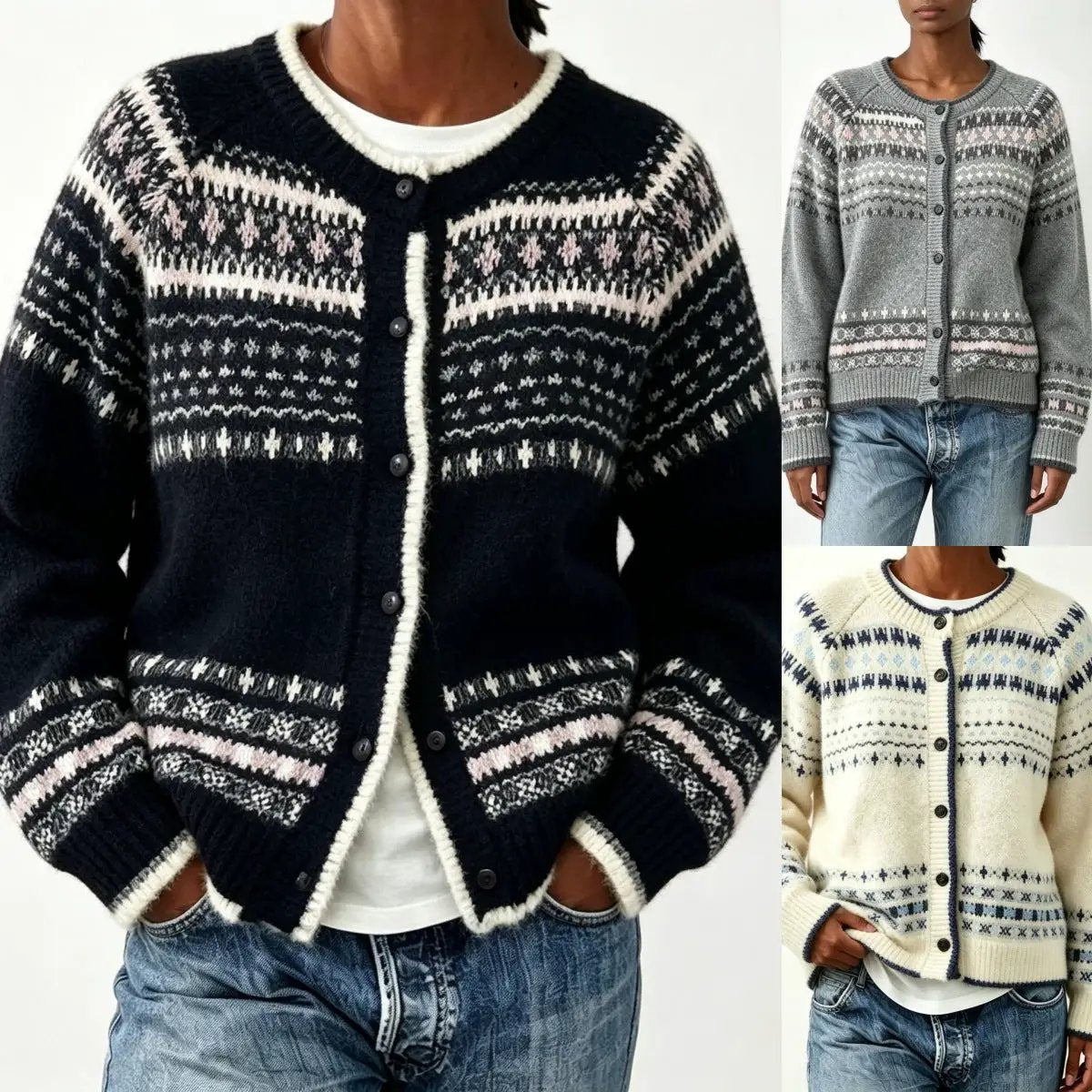 eprolo color-block knit cardigan with front buttons; navy, grey, and cream (3 colors).