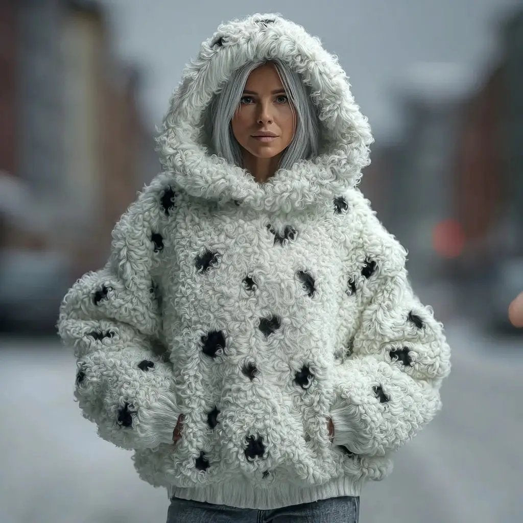 New Mens Casual Sporty Hooded Sweatshirt by AdTec, white fluffy boucle knit with black spots