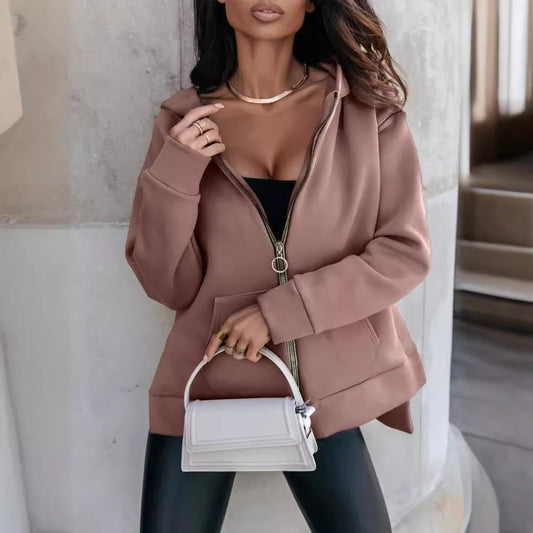 Sudadera con capucha informal holgada con cremallera para mujer, bolsillo deportivo