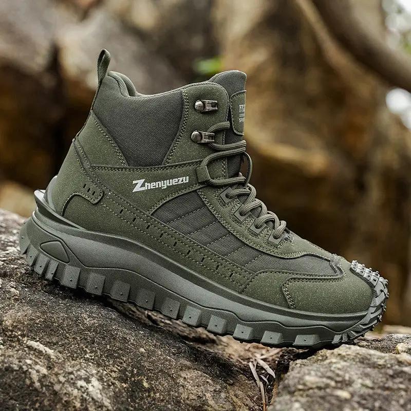 Men's outdoor boots olive green rugged footwear designed for outdoor casual sports and tough terrain all-weather grip.