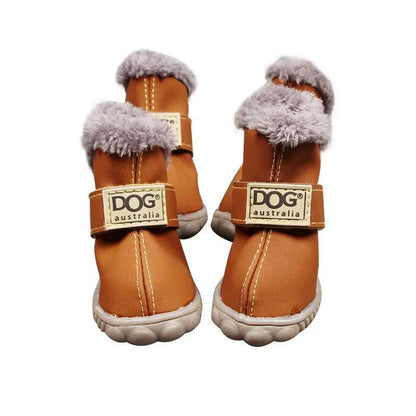 Dog thick snow boots for small dogs, tan leather with grey faux fur trim, AdTec brand (2)