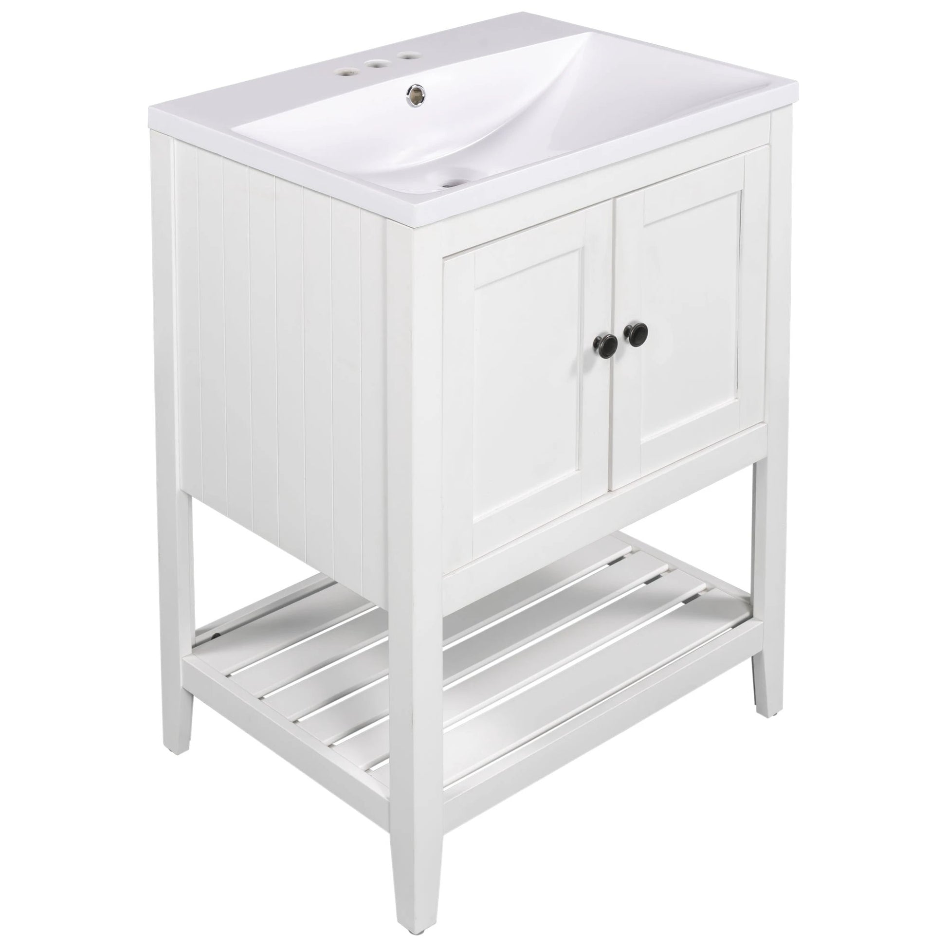 24" White Modern Sleek Bathroom Vanity Elegant Ceramic Sink with Solid Wood Frame Open Style Shelf by eprolo