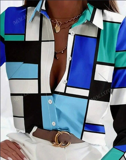 Camisa informal a cuadros holgada de manga larga de primavera-verano para mujer