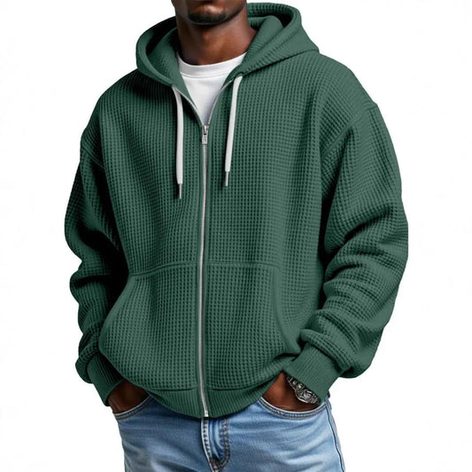 Men's green zip-up hoodie with kangaroo pockets, ribbed cuffs, and white drawstrings
