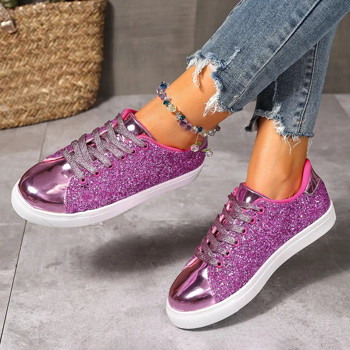 Plus-size sequined lace-up sneakers in pink glitter with metallic toe caps by AdTec