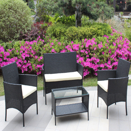Ensemble de meubles de patio 4 pièces en rotin, salon de jardin extérieur avec coussins, canapé en osier, coussin beige