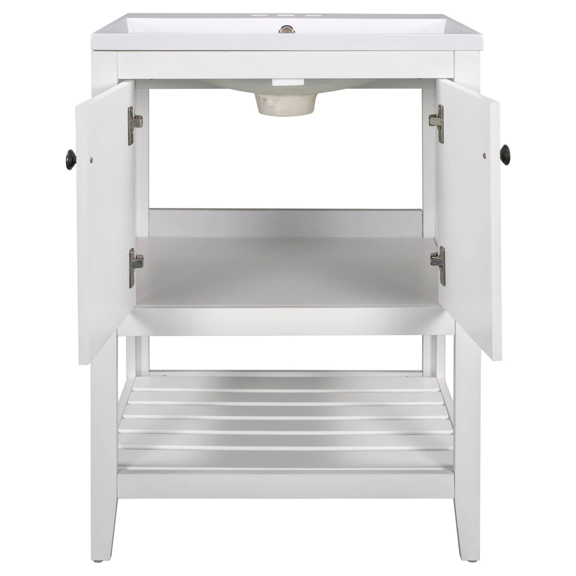 24" White Modern Sleek Bathroom Vanity Elegant Ceramic Sink with Solid Wood Frame Open Style Shelf by eprolo