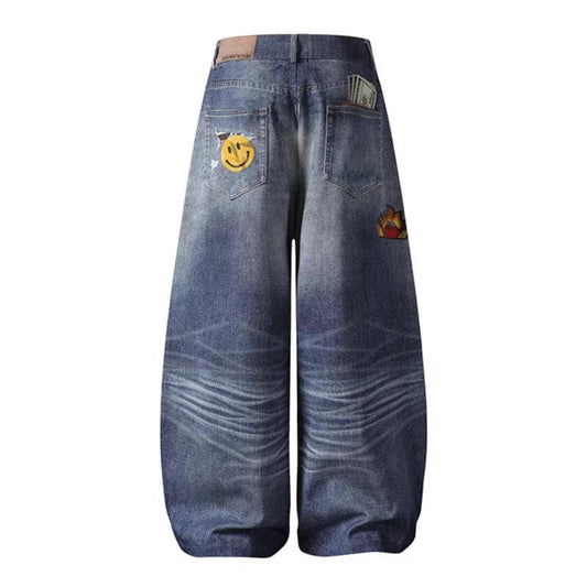 Embroidered Denim Pants Unisex Wide Leg Straight Leg Long Pants Trendy by eprolo