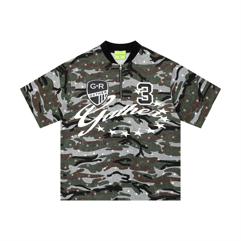 Short-sleeve T-shirt with full star camouflage print and bold 3 graphic on front