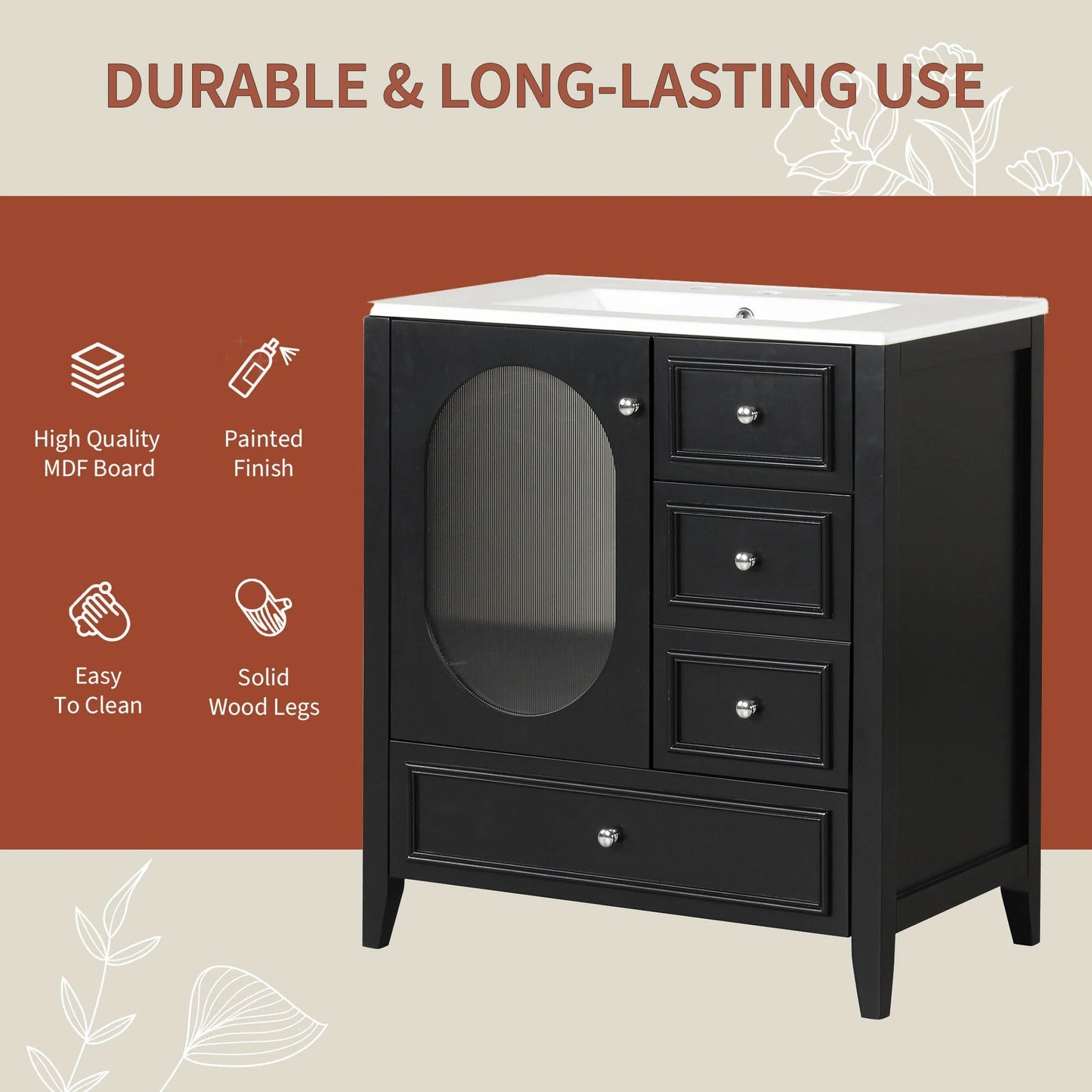 30" Bathroom Vanity with Sink, Bathroom Vanity Cabinet with Three Drawers and Door by eprolo