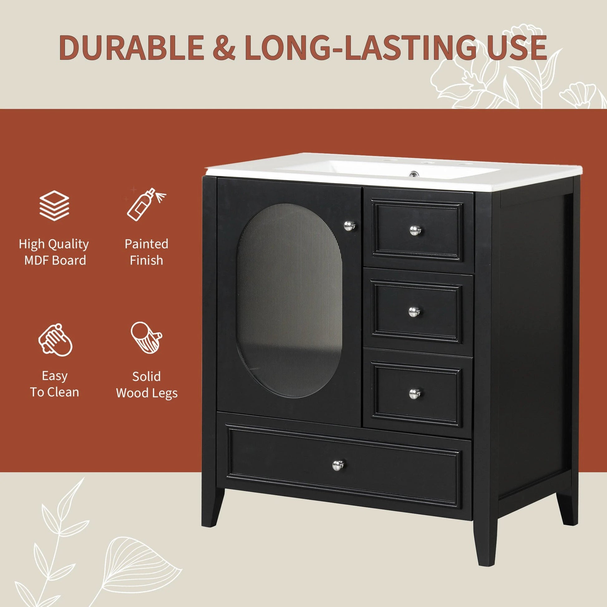 30" Bathroom Vanity with Sink, Bathroom Vanity Cabinet with Three Drawers and Door by eprolo