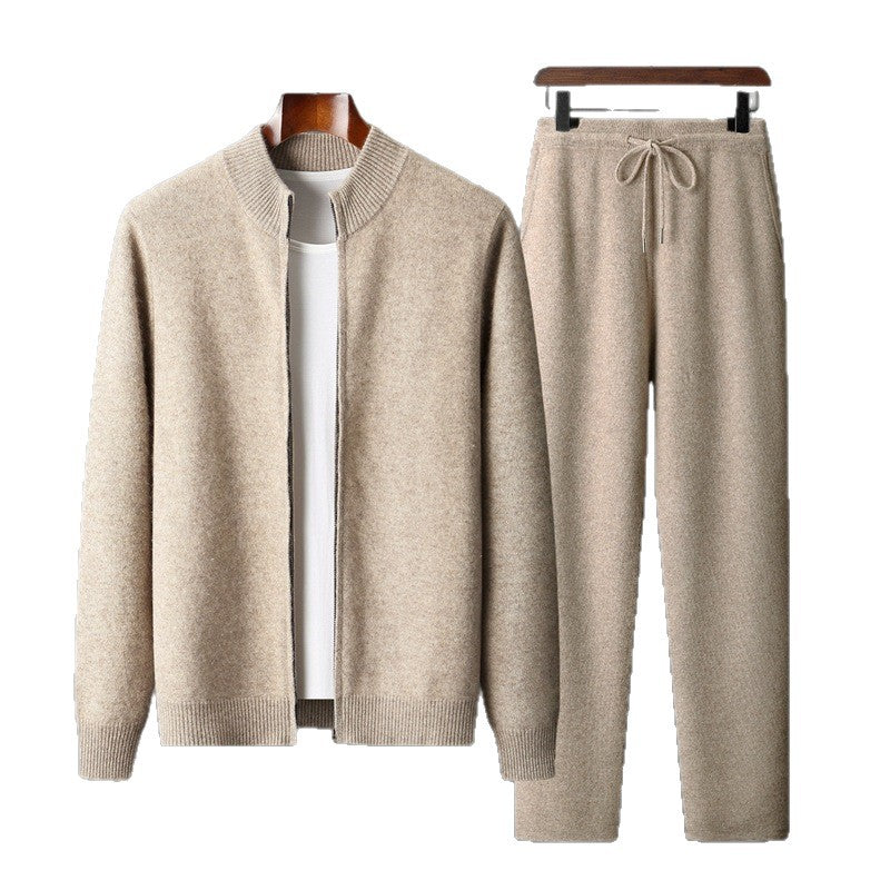Men's 100% Australian Wool Stand Collar Zipper Cardigan Jacket Pants Set