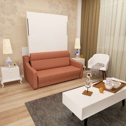 Full size Morden Deisgn vertical Murphy bed with sofa and drawers, white wall bed, space saving hidden bed with new gas pillars by eprolo