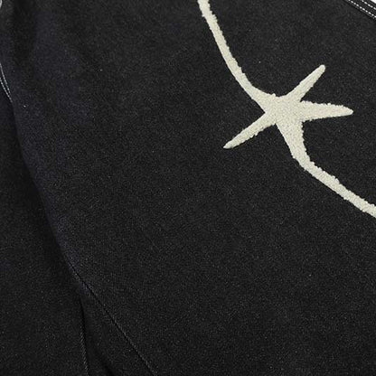Star plush embroidery washed black denim shorts by eprolo