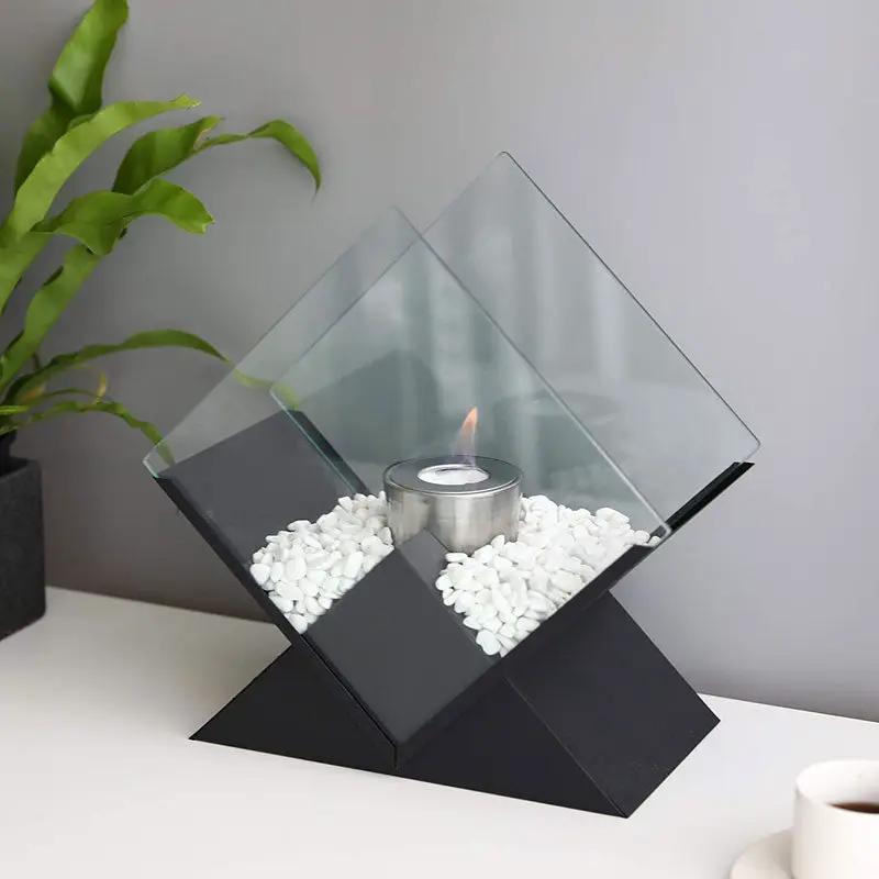 Tabletop fireplace by JHY DESIGN, 14.5-inch tall portable bio-ethanol burner with glass panels and white stones