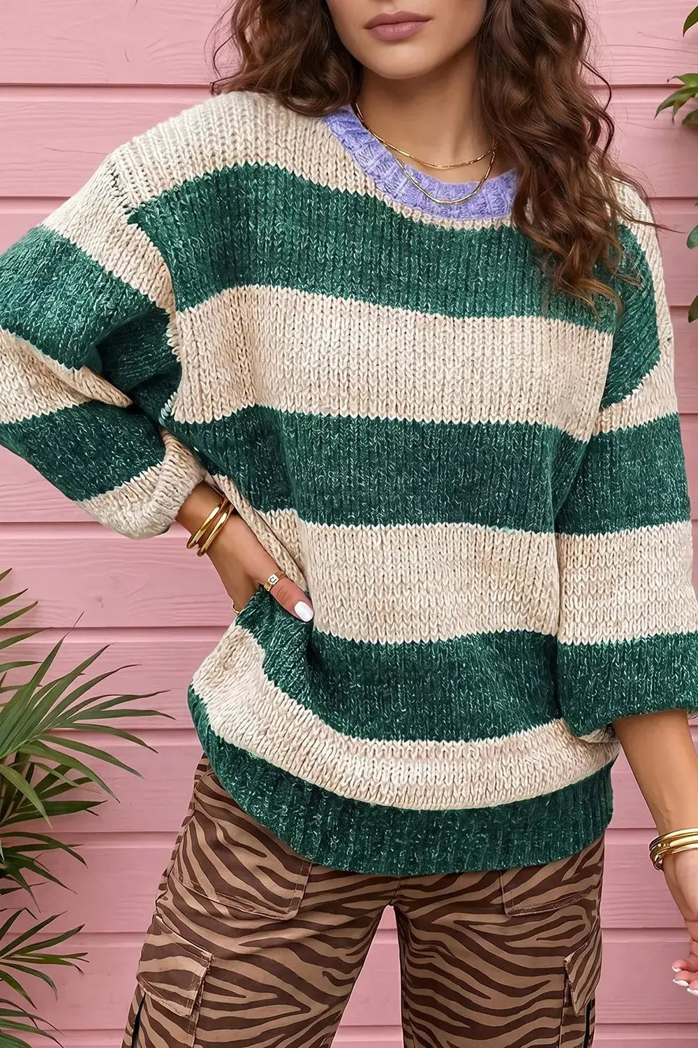 Striped colorblock drop-shoulder pullover sweater by Trendsi in green and beige with soft stretch ribbed hem