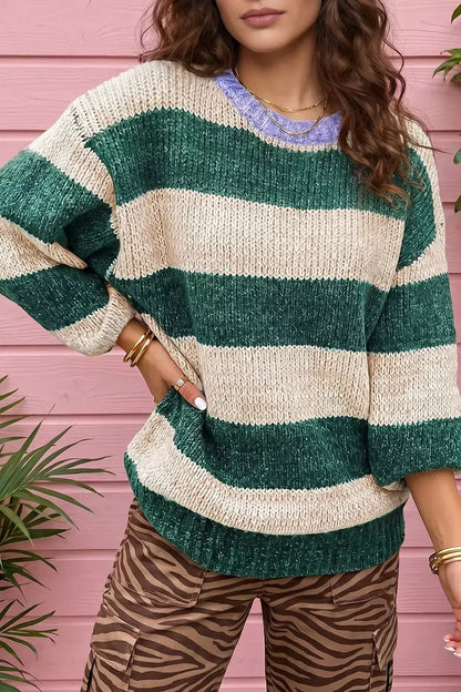 Striped colorblock drop-shoulder pullover sweater by Trendsi in green and beige with soft stretch ribbed hem