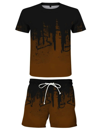 Mens printed two-piece tee and drawstring shorts set by Trendsi in black-to-brown gradient with splash graffiti print