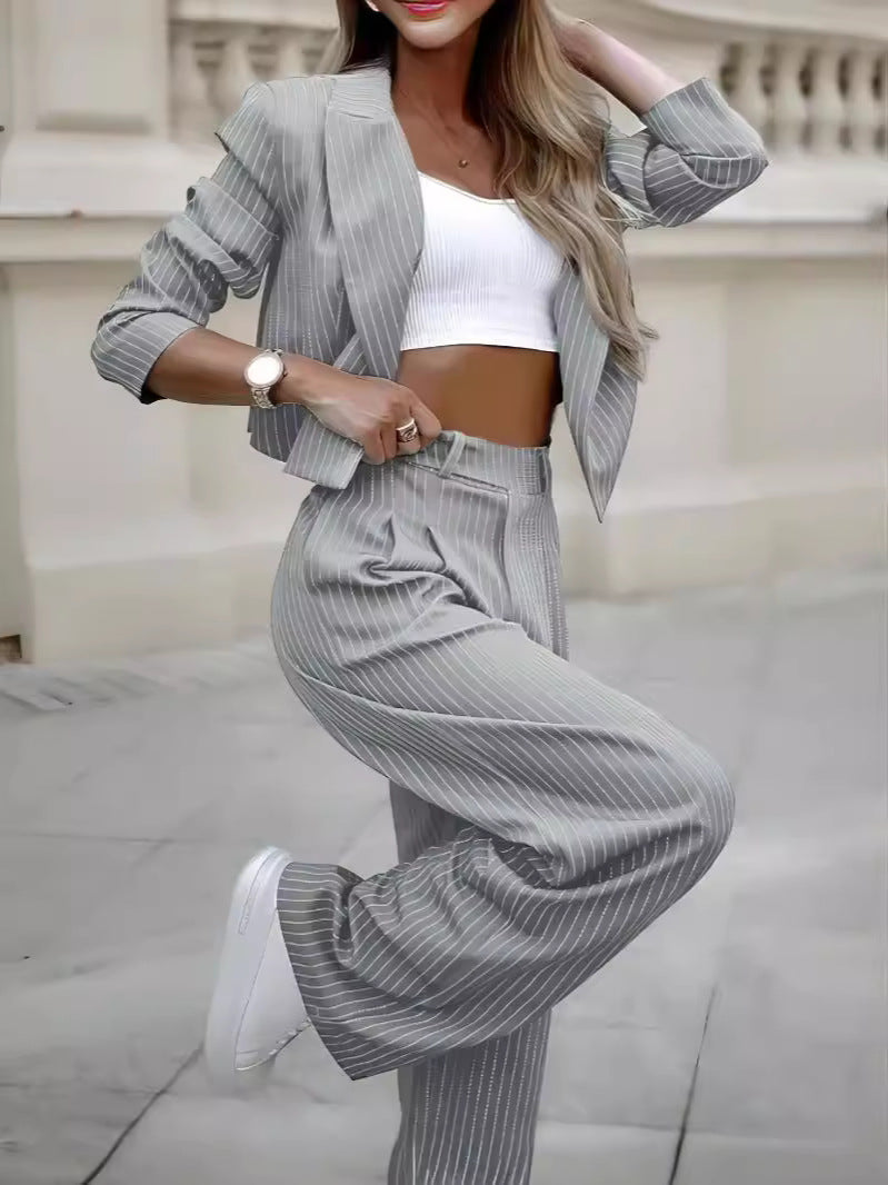 Trajes de rayas de moda primaveral para mujer, tops cortos casuales de manga larga con solapa y pantalones rectos, ropa de mujer
