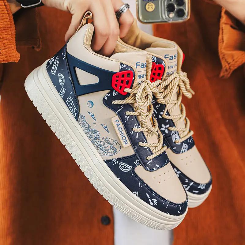 Shoes Aura beige and navy plaid athletic sneakers, pair, with beige laces, red lattice eyelets, and thick sole